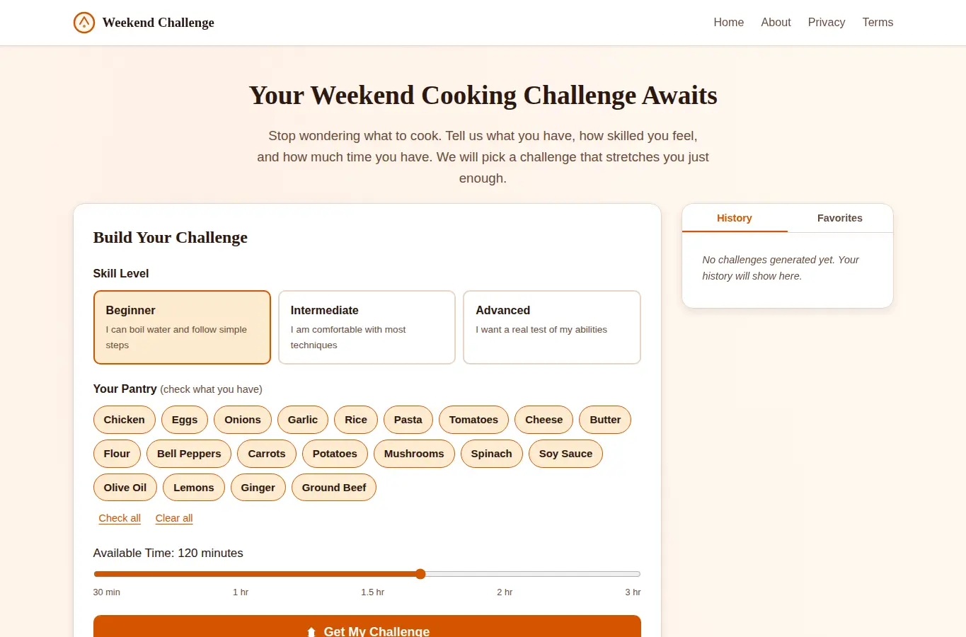 Screenshot of Weekend Cooking Challenge Picker interface showing the project page in use